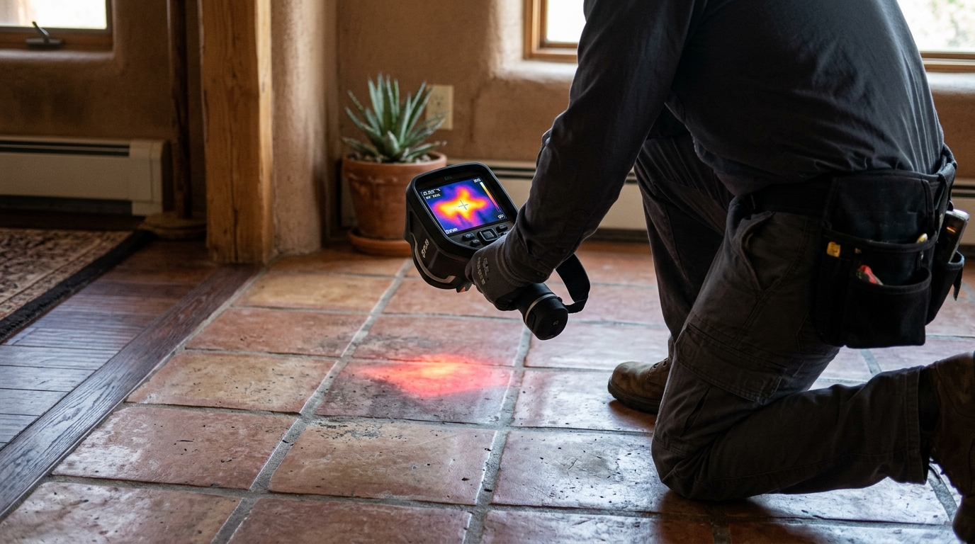 Thermal imaging scan revealing hot water line leak under residential slab flooring in Redding CA